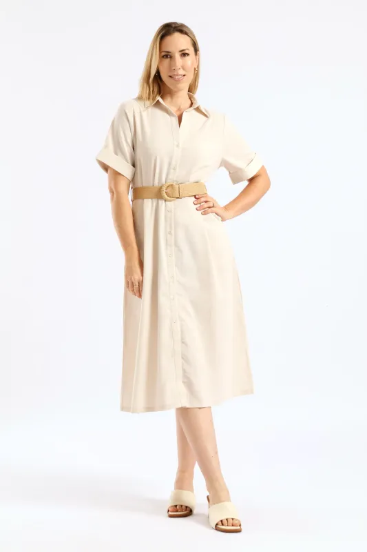 Turn Up Sleeve Raffia Belted Linen Midi Shirt Dress - Stone sold by Edgars