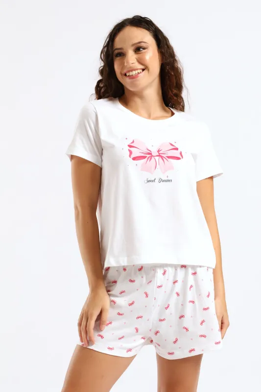 Diamante Bow Detail Knit Short Set - White sold by Edgars