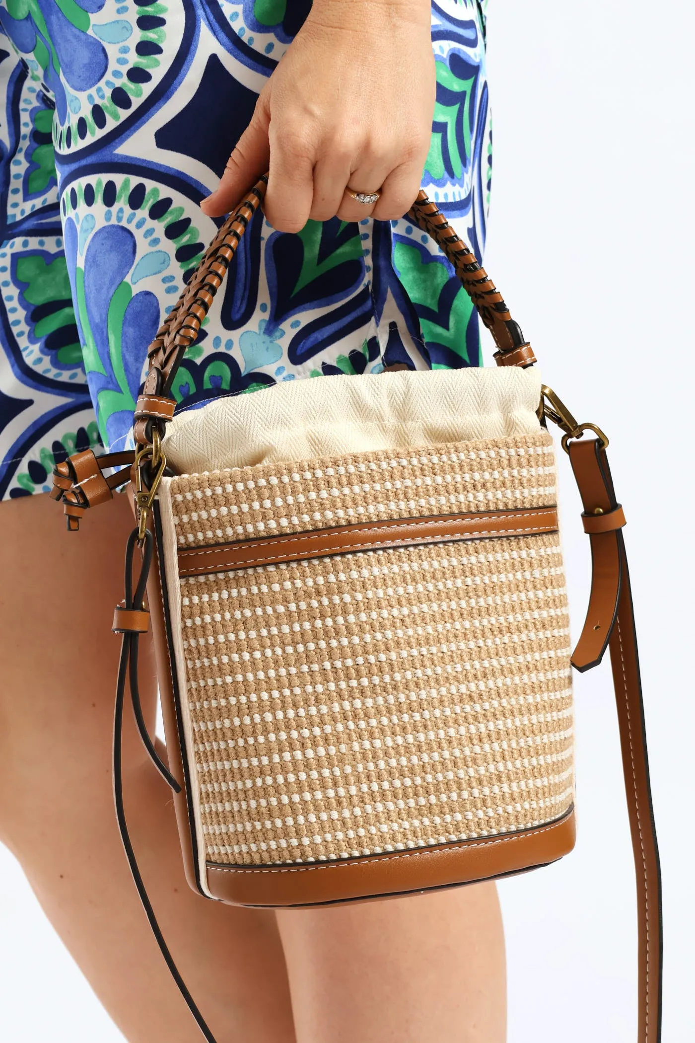 Double Handle Straw Panel Bucket Bag - Tan sold by Edgars