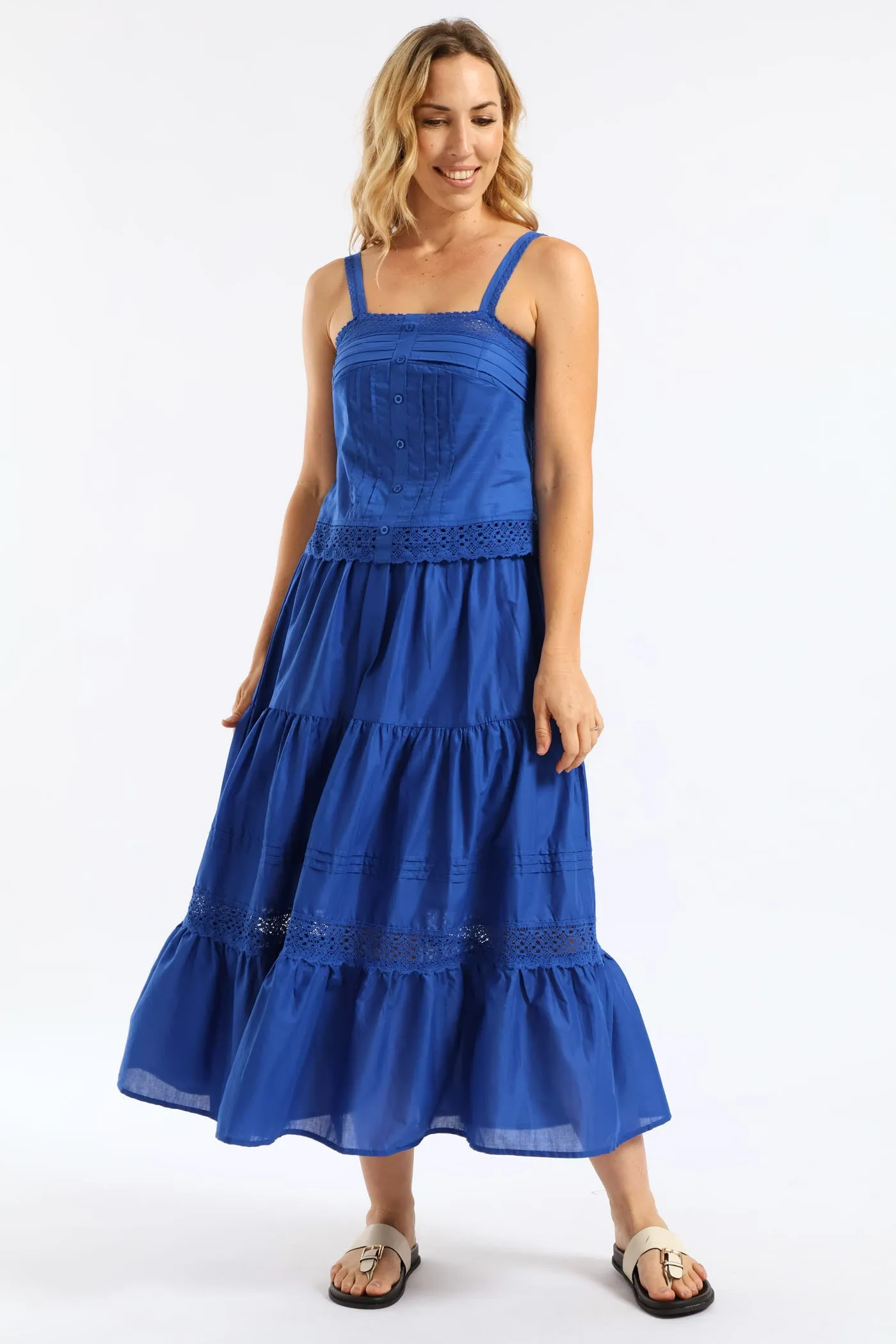 Lace Trim Pull On Tiered Flare Skirt - Mid Blue sold by Edgars