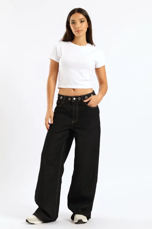 Eyelet Waist Band Baggy Denim - Black sold by Edgars
