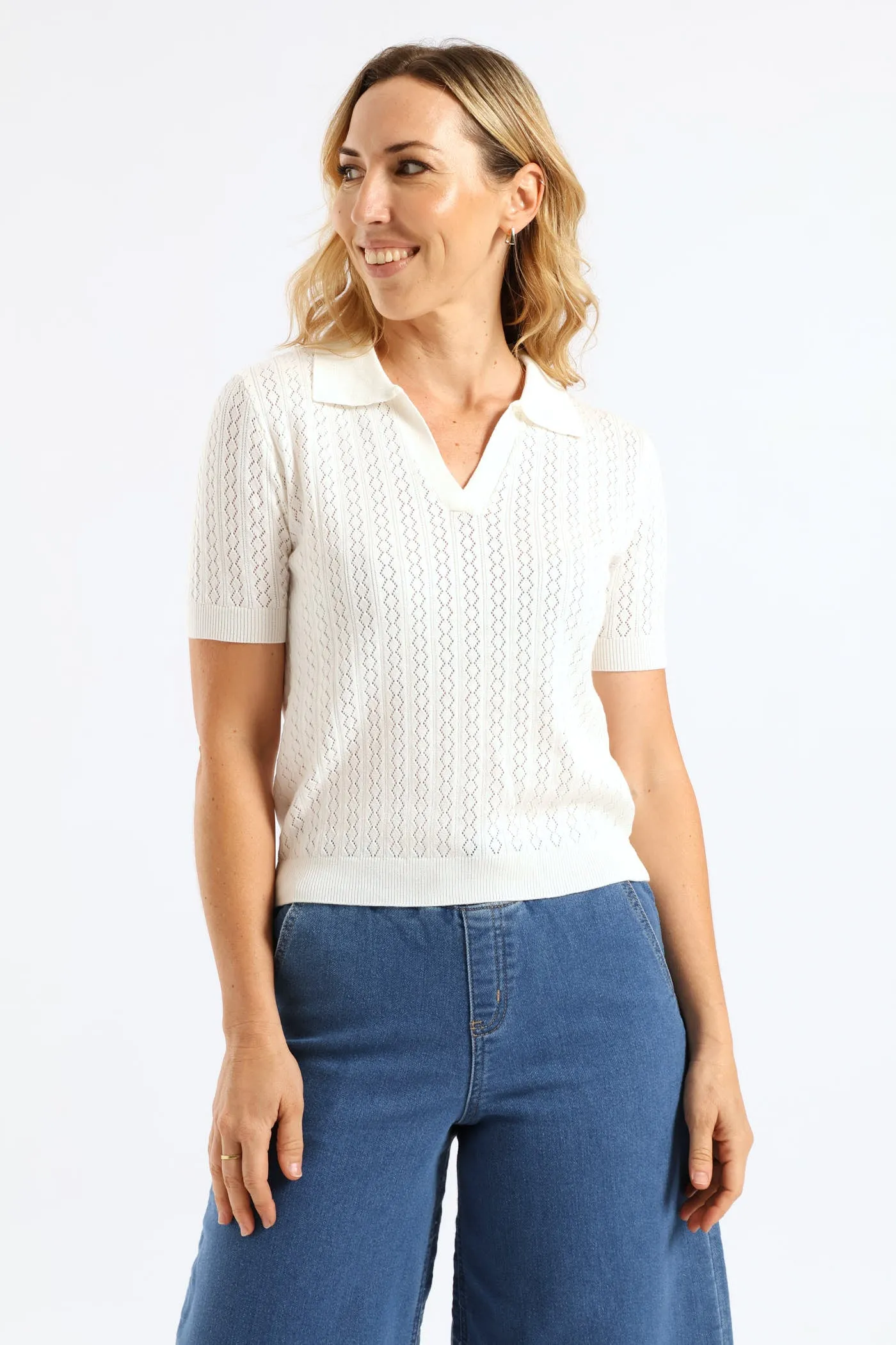 Johnny Collar Knitwear Top - White sold by Edgars