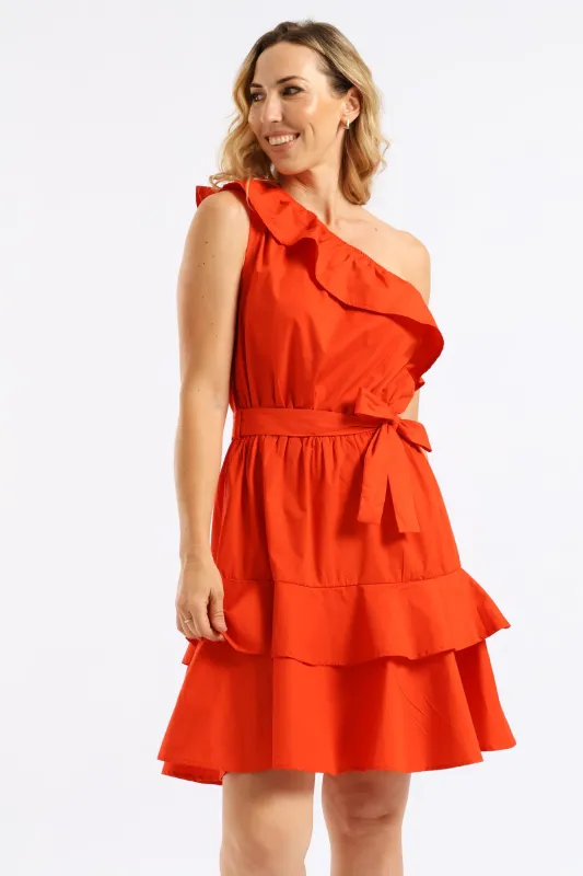One Shoulder Frill Self Belted Tiered Mini Dress - Bright Orange sold by Edgars