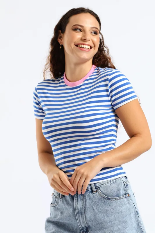 Contrast Neckline Stripe Tee - Blue sold by Edgars
