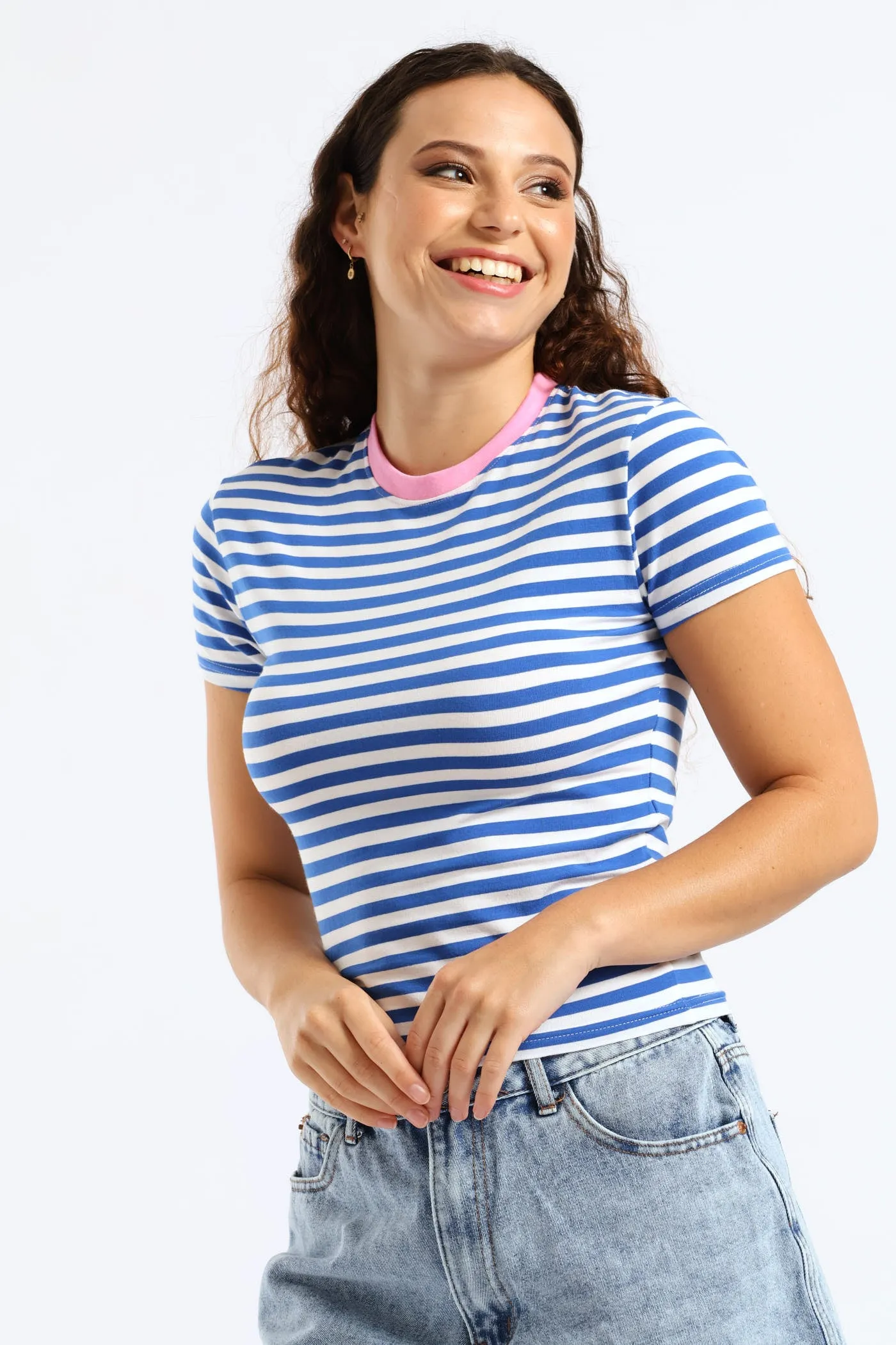 Contrast Neckline Stripe Tee - Blue sold by Edgars