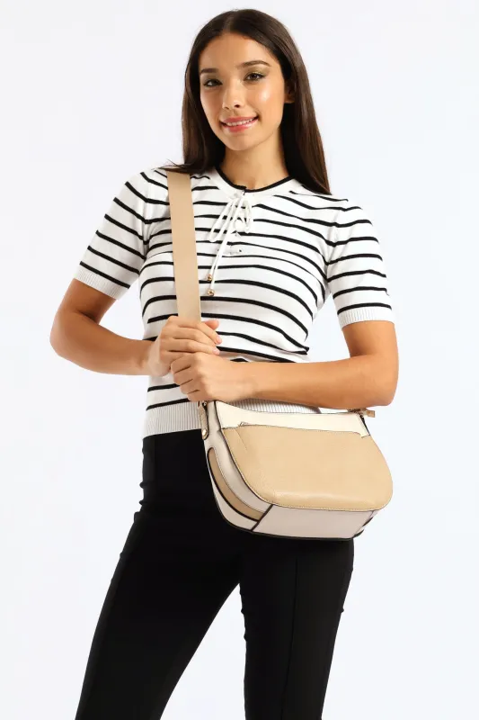 Colour Block Front Zip Curved Crossbody Bag - Taupe sold by Edgars