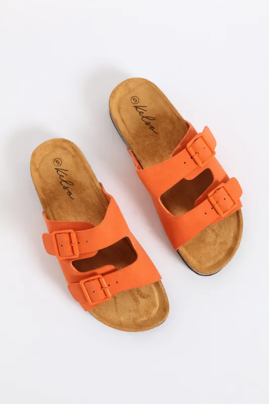 Monotone Buckles Double Band Slide Sandal - Orange sold by Edgars