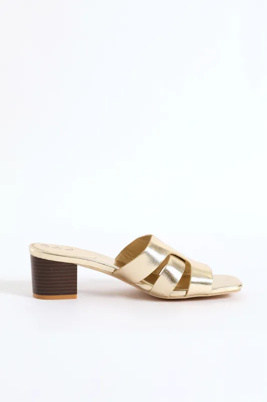 Wide Strap Block Mule Heel - Gold sold by Edgars