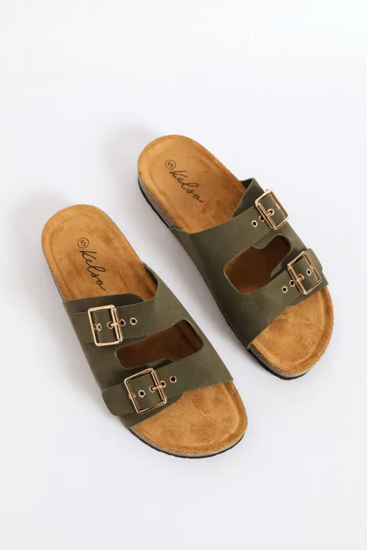 Eyelet Detail Double Buckle Slide Sandal - Fatigue sold by Edgars