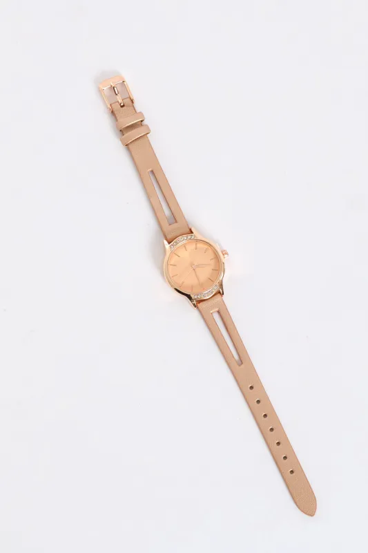 Diamante Watch With Cutout Strap - Rose Gold sold by Edgars