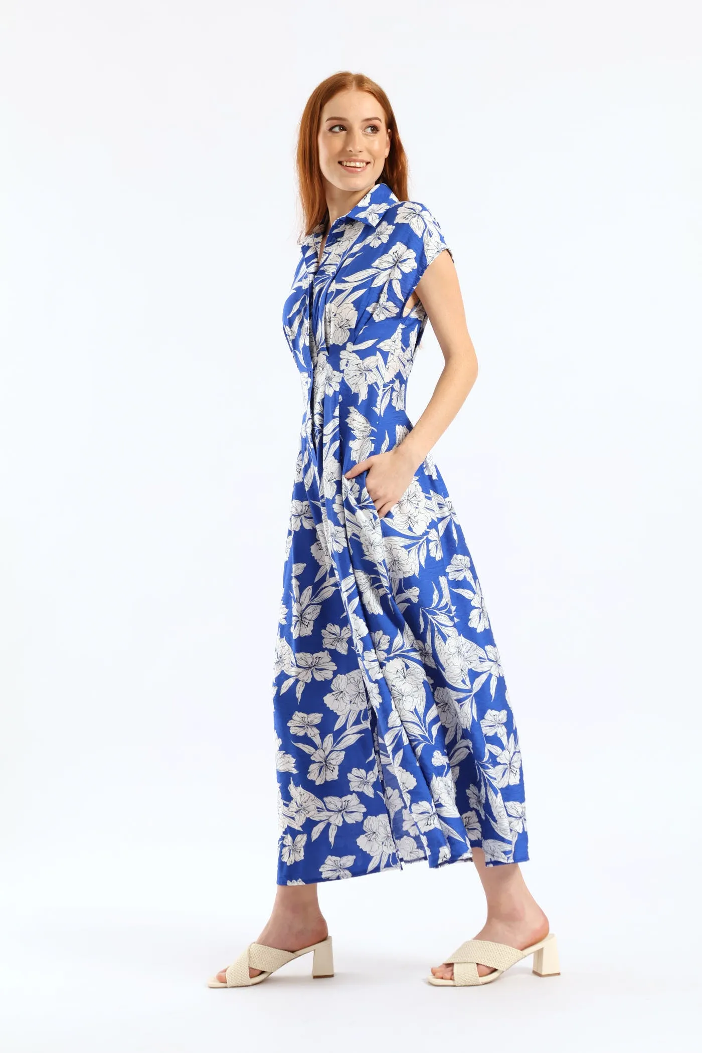 Button Through Pleated Bodice Midaxi Dress - Cobalt/White sold by Edgars product image thumbnail 4