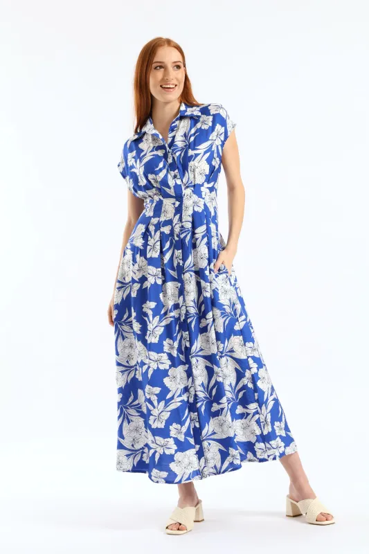 Button Through Pleated Bodice Midaxi Dress - Cobalt/White sold by Edgars