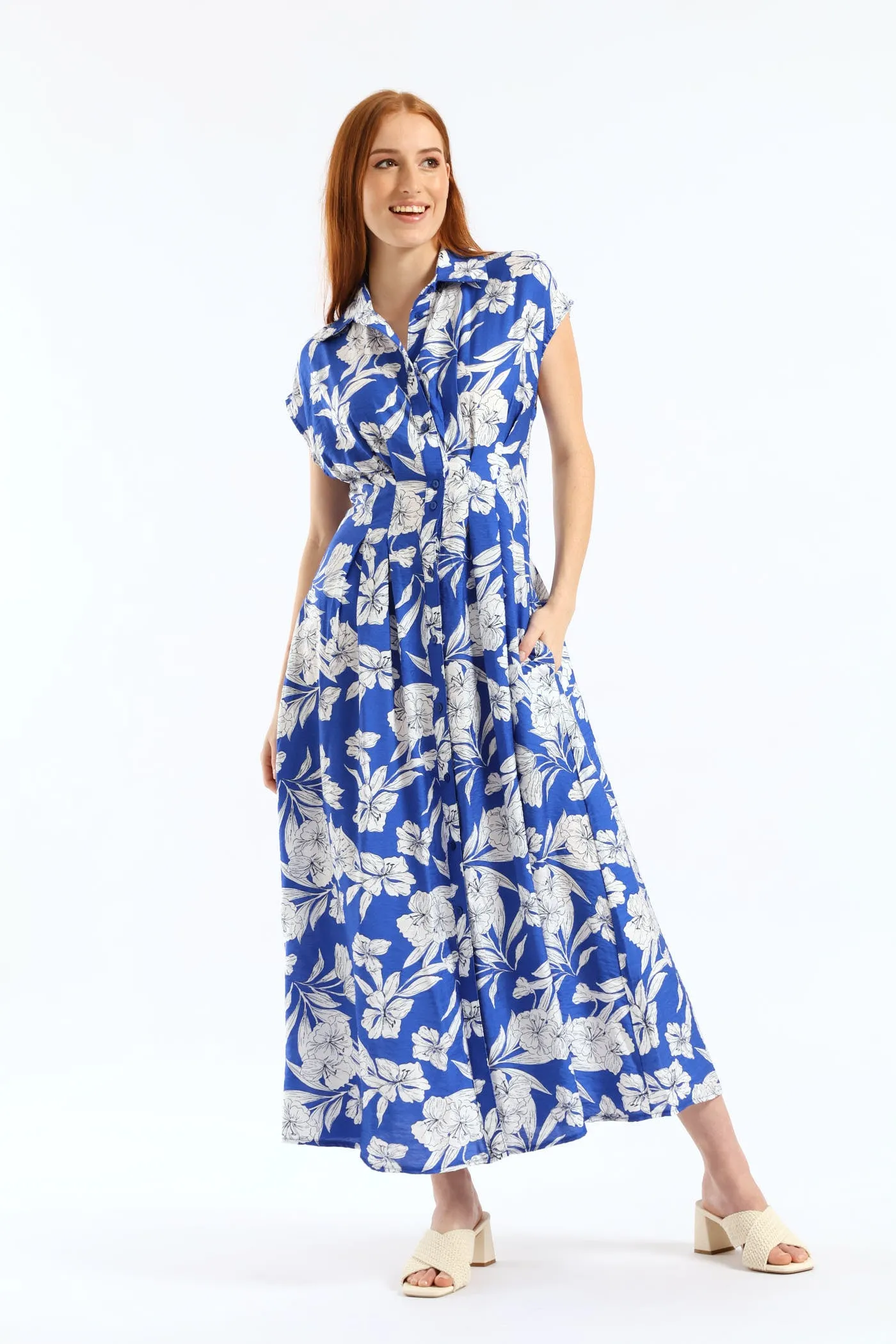 Button Through Pleated Bodice Midaxi Dress - Cobalt/White sold by Edgars