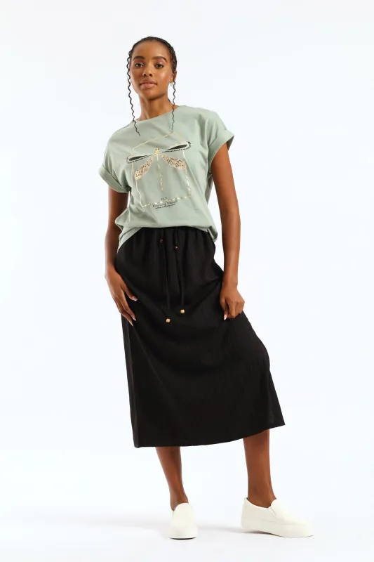 Beaded Ties Crinkle Pull-On Midi Skirt - Black sold by Edgars