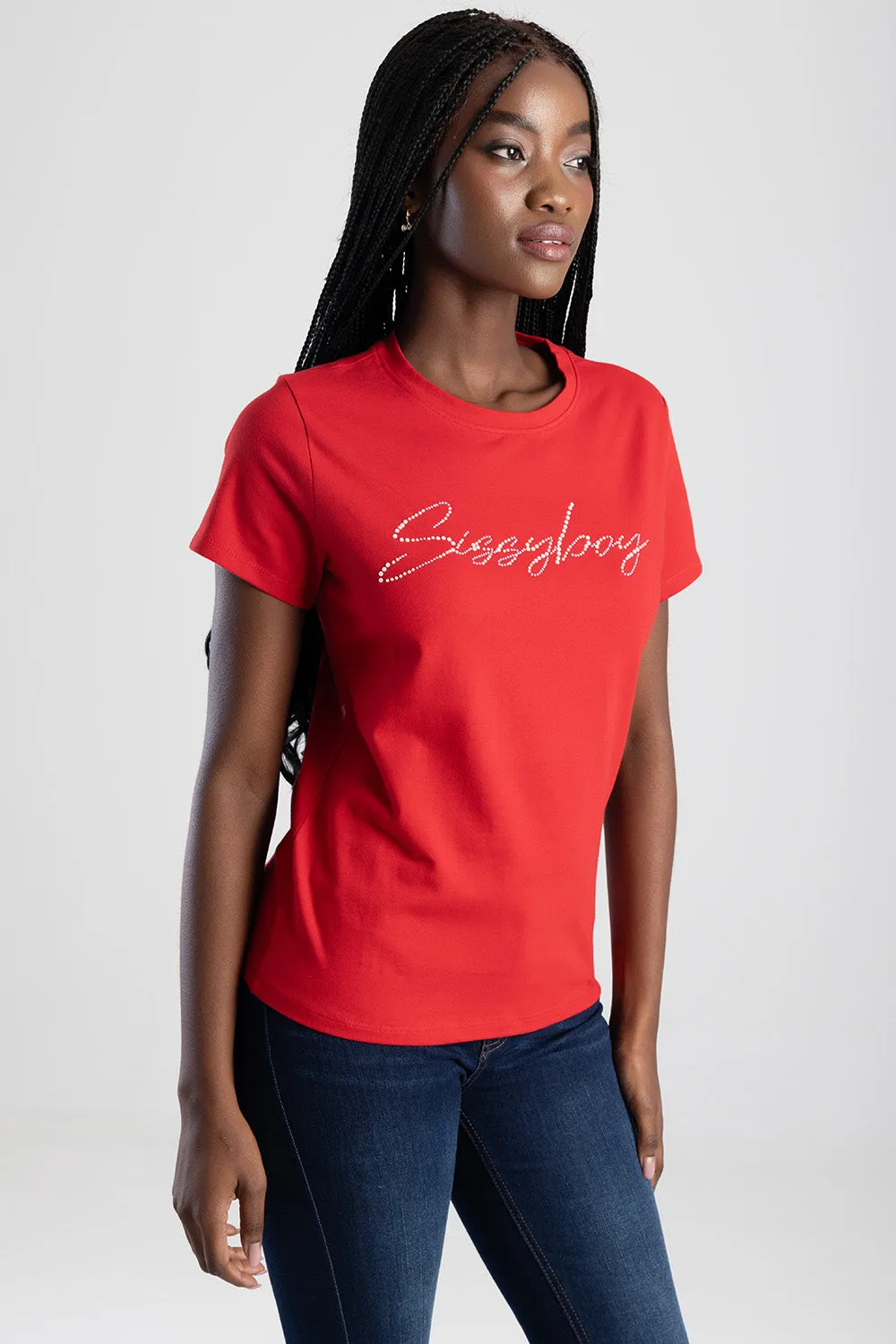 Pearl & Diamante Logo Transfer Regular T-Shirt - Red sold by Edgars