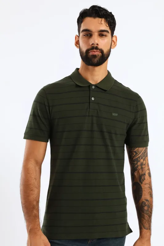 Slim Housemark Stripe Polo Golfer - Olive sold by Edgars