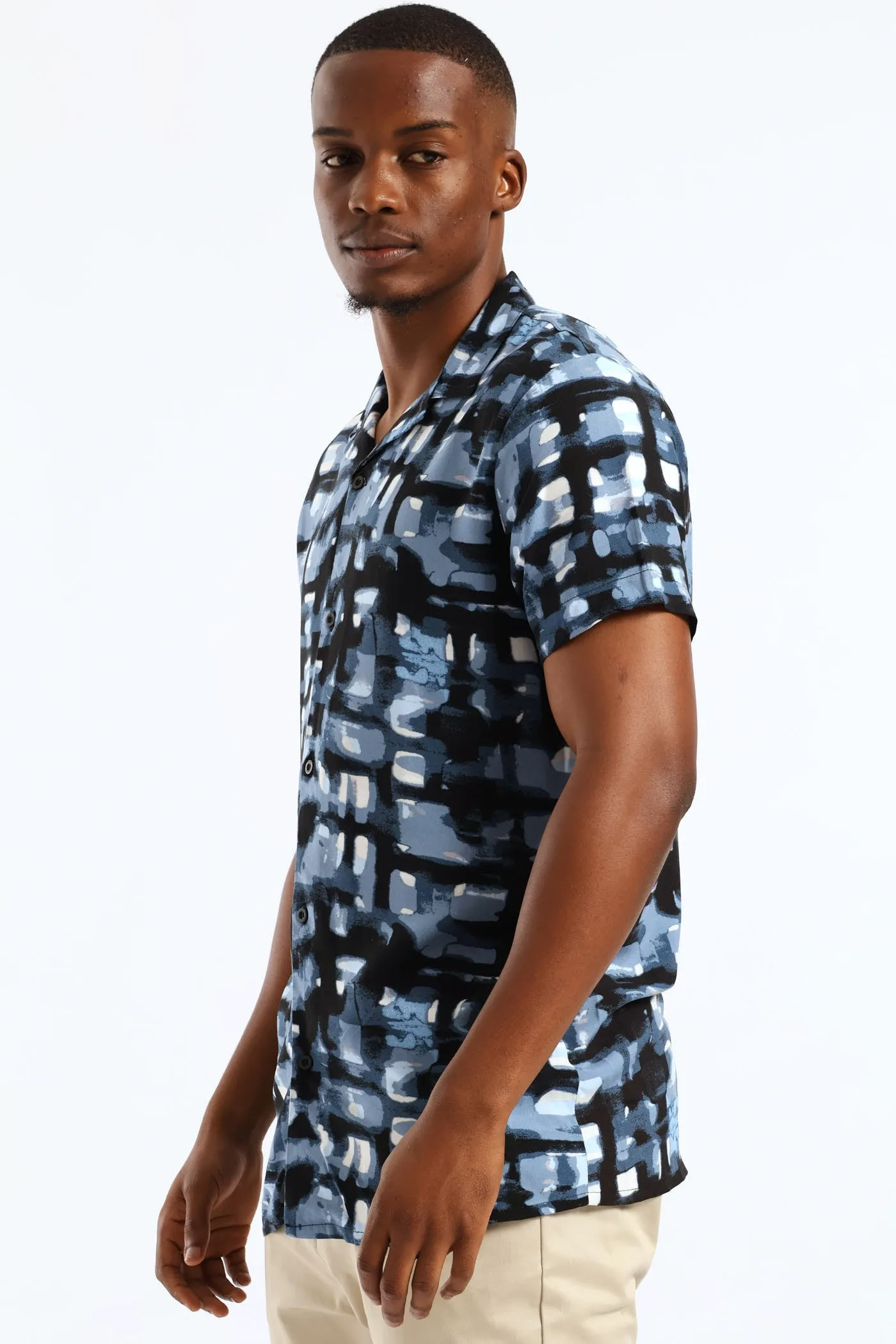 Geometric Watercolour Viscose Shirt - Blue sold by Edgars product image thumbnail 3