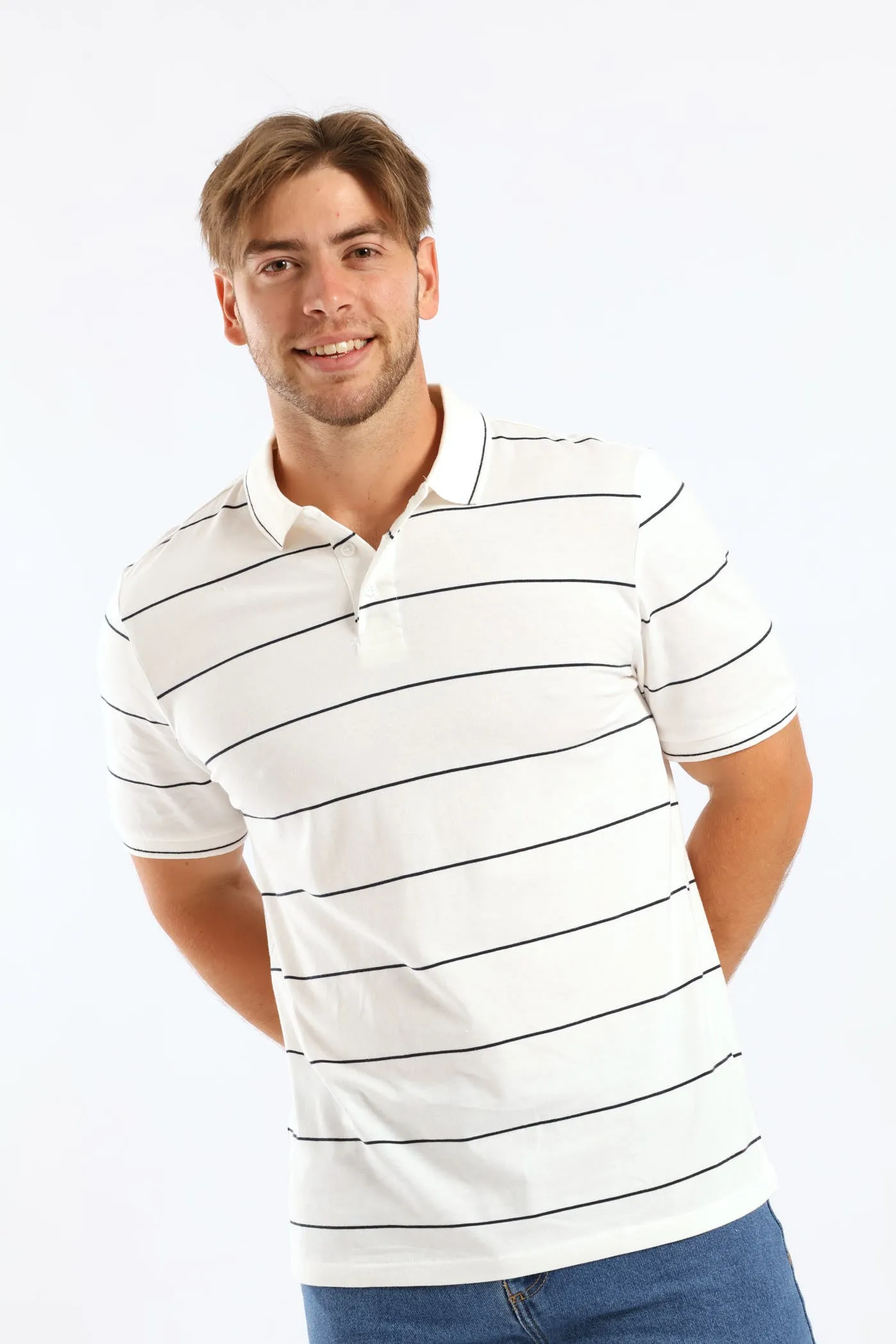 Thin Stripe Golfer - White/Navy sold by Edgars