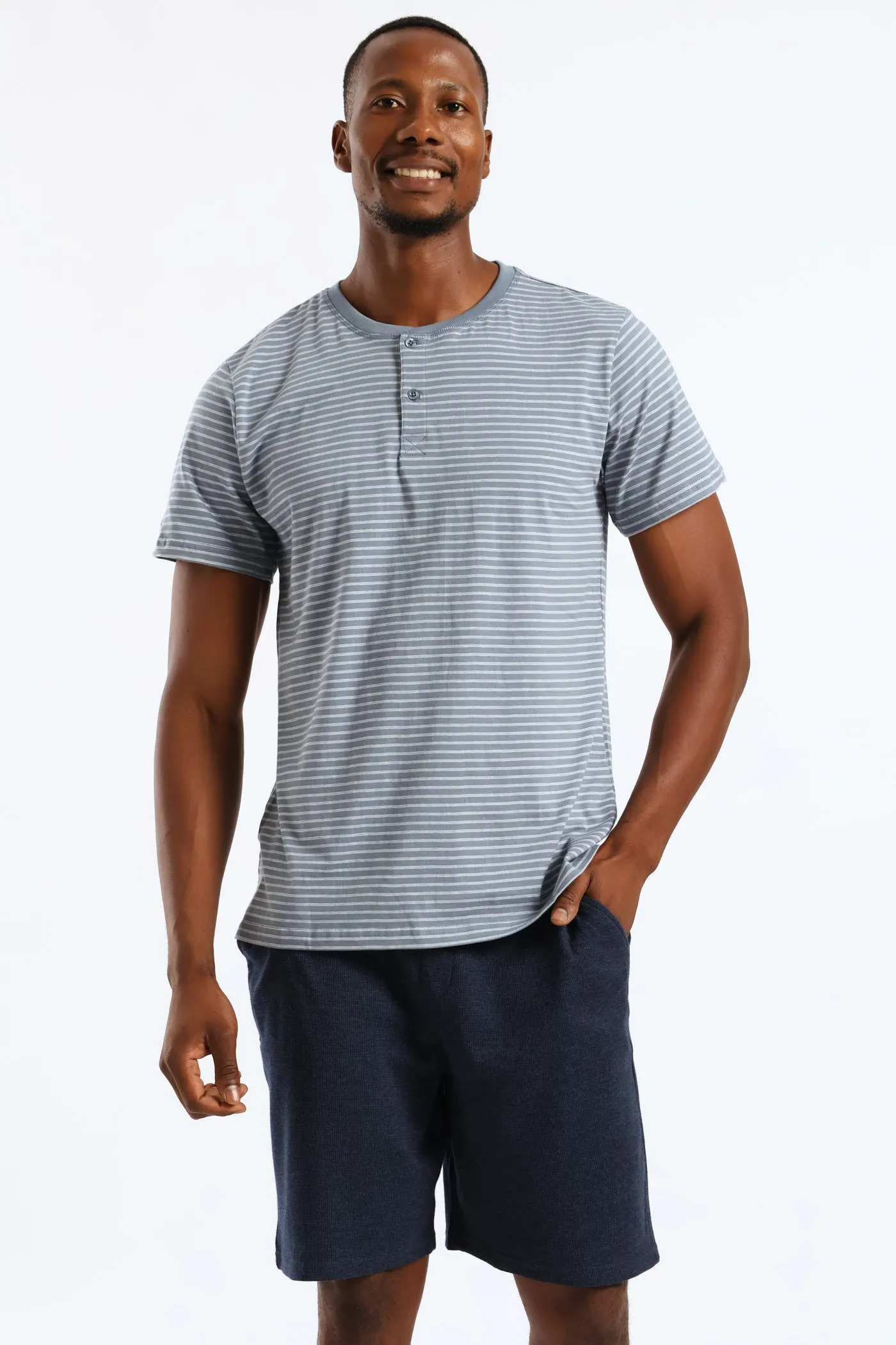 Feather Stripe Henley Top - Cream/Blue sold by Edgars