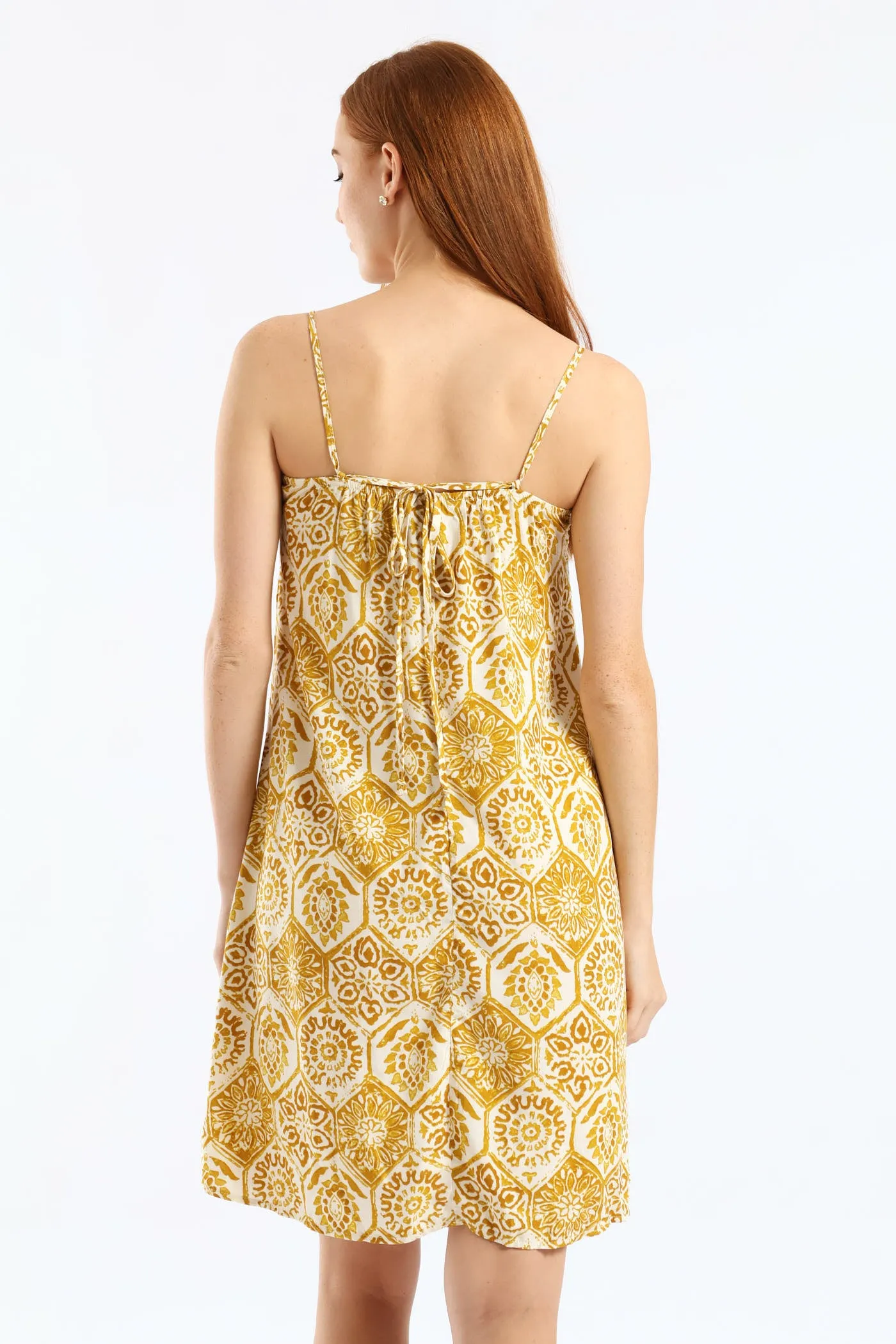 Strappy V-Neck Drawstring Back Swing Mini Dress - Mustard/Cream sold by Edgars product image thumbnail 3