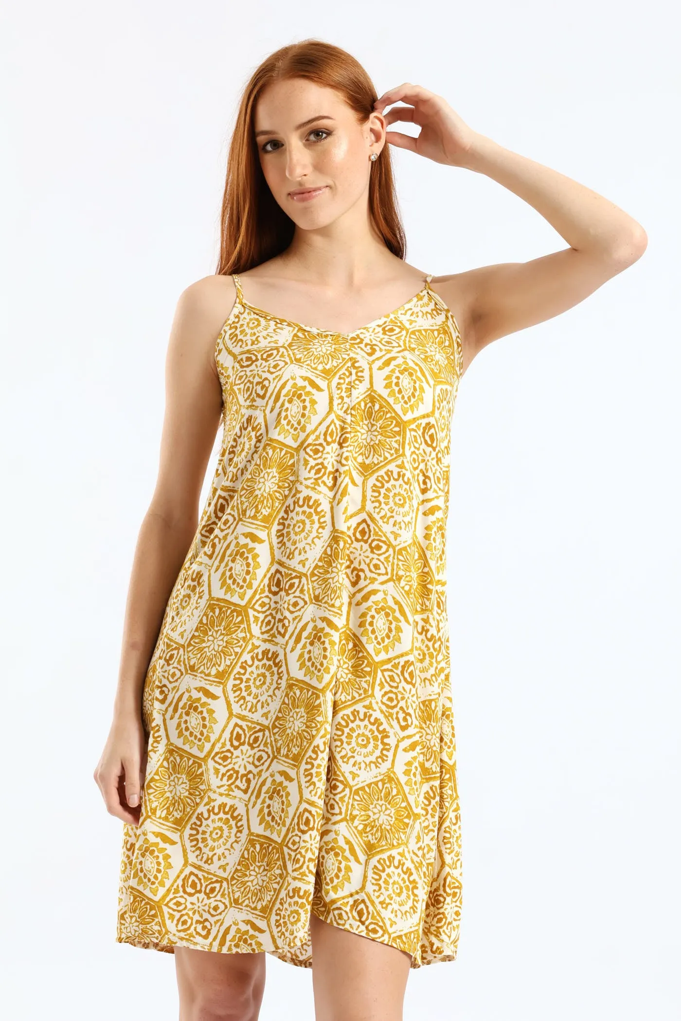 Strappy V-Neck Drawstring Back Swing Mini Dress - Mustard/Cream sold by Edgars product image thumbnail 4