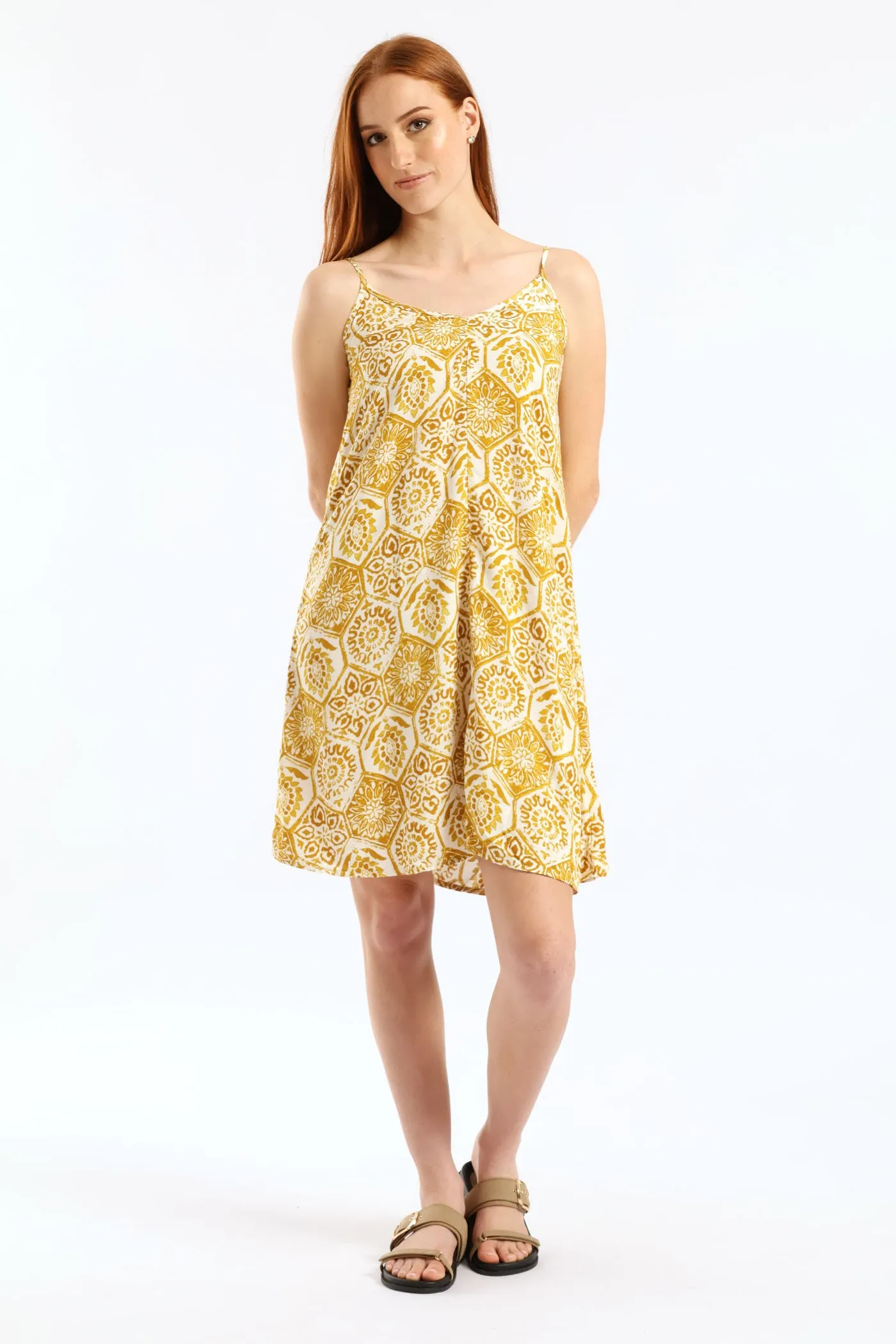 Strappy V-Neck Drawstring Back Swing Mini Dress - Mustard/Cream sold by Edgars