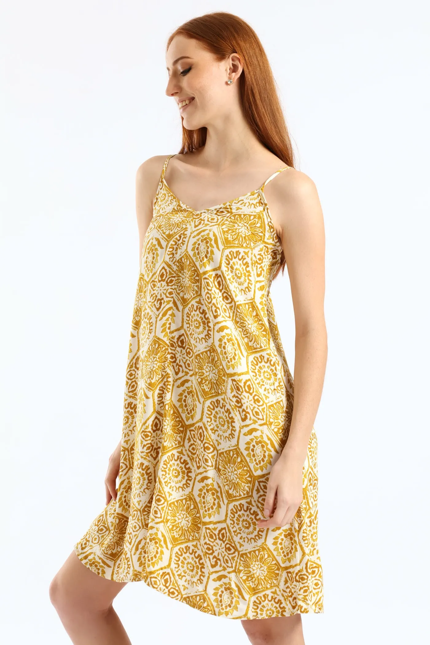Strappy V-Neck Drawstring Back Swing Mini Dress - Mustard/Cream sold by Edgars product image thumbnail 5