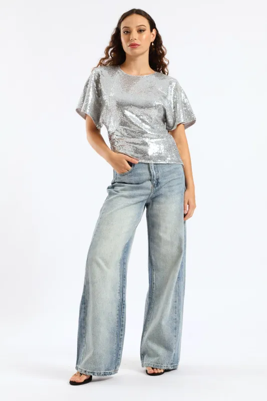 Short Sleeve Woven Sequin Blouse - Silver sold by Edgars