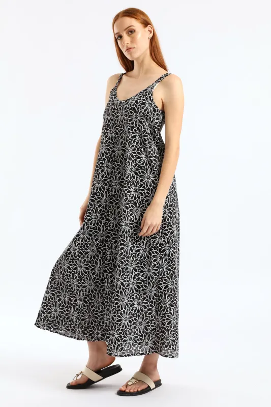 V-Neck Floral Puff Print Midi Dress - Black sold by Edgars