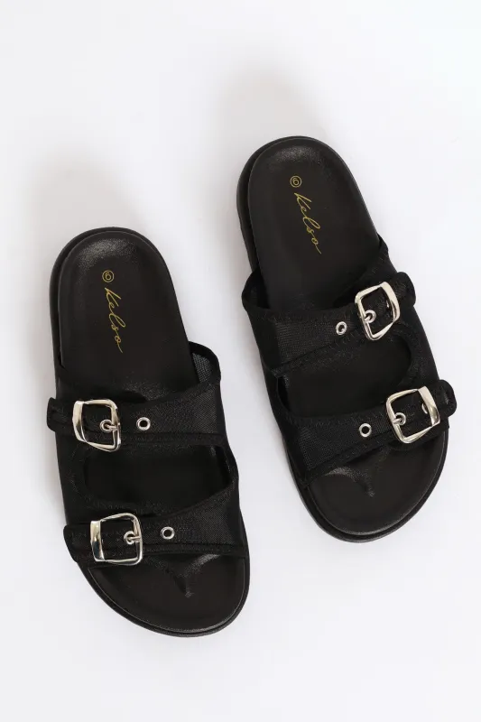 Double Band Buckle Detail Mesh Slide - Black sold by Edgars