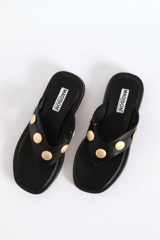 Gold Button Detail Thong Sandal - Black sold by Edgars