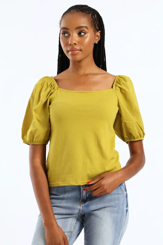 Puff Sleeve Square Neck Combo Fitted Tee - Chartreuse sold by Edgars