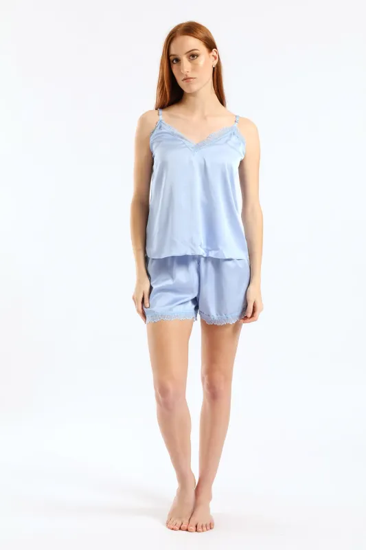 Lace Trims Cami & Satin Short Set - Blue sold by Edgars