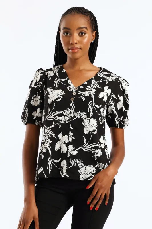 V-Neck Monochrome Floral Blouse - Black/Cream sold by Edgars