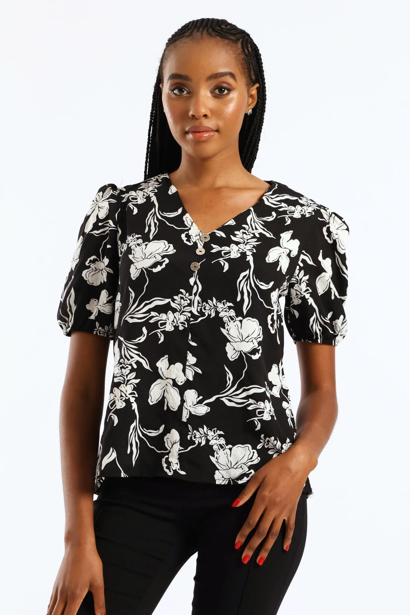 V-Neck Monochrome Floral Blouse - Black/Cream sold by Edgars