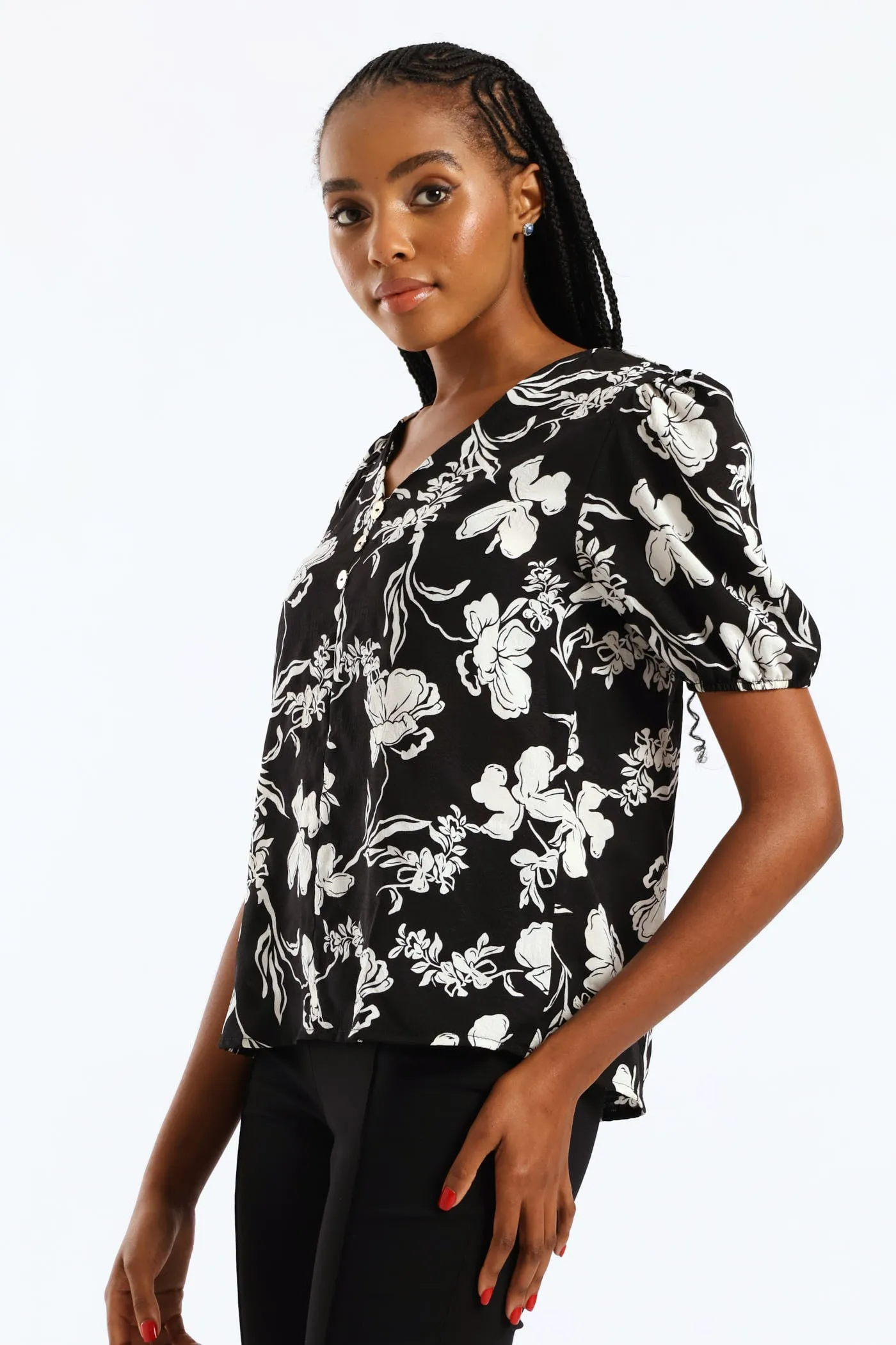 V-Neck Monochrome Floral Blouse - Black/Cream sold by Edgars product image thumbnail 3