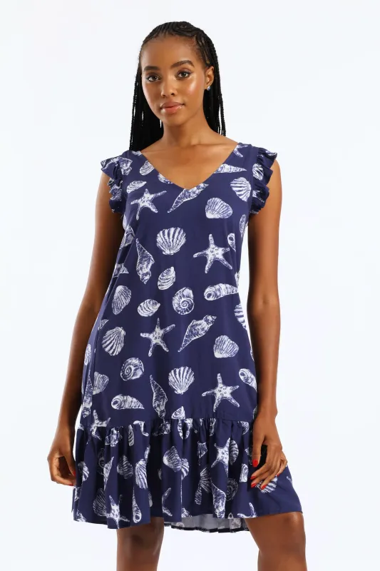 V-Neck Frill Sleeve Drop Hem Tie Detail Print Mini Dress - Navy/White sold by Edgars