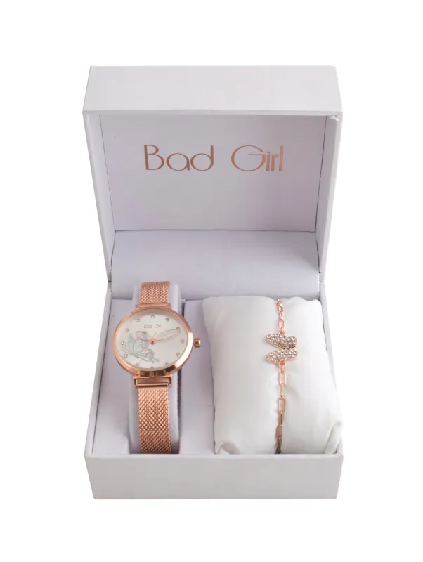 Butterfly Mesh Watch & Bracelet Set - Rose Gold sold by Edgars