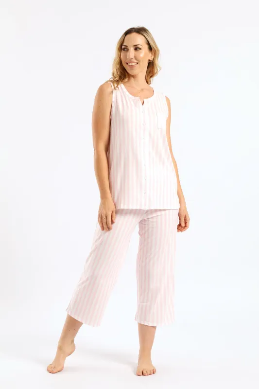 Button Through & Capri Stripe Knit Set - White/Pink sold by Edgars