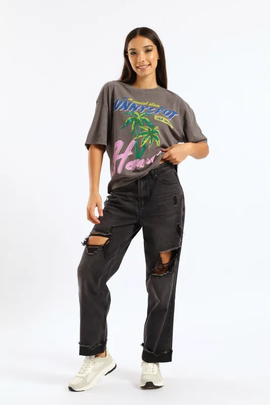 Ripped Knee Boyfriend Jean - Salty Black sold by Edgars