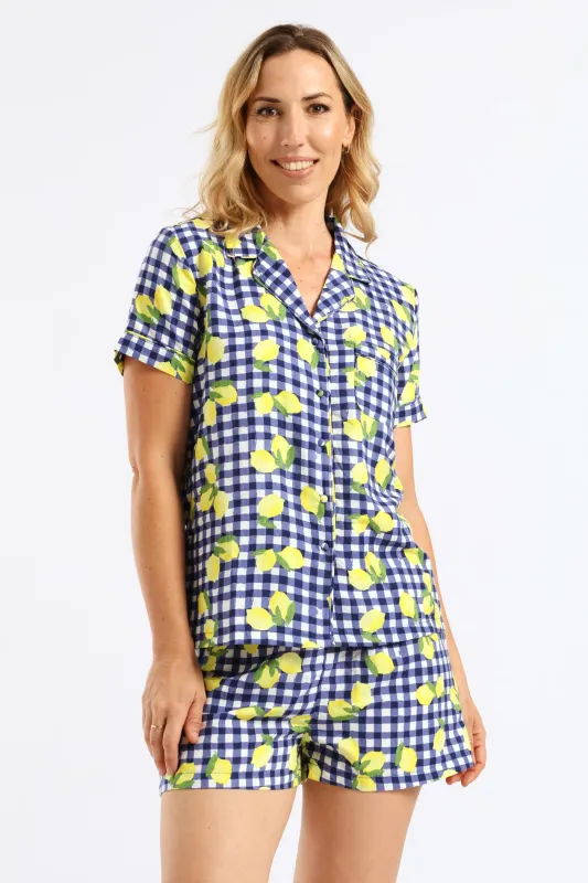 Woven Lemon Gingham Button Through Short Set - White/Navy sold by Edgars