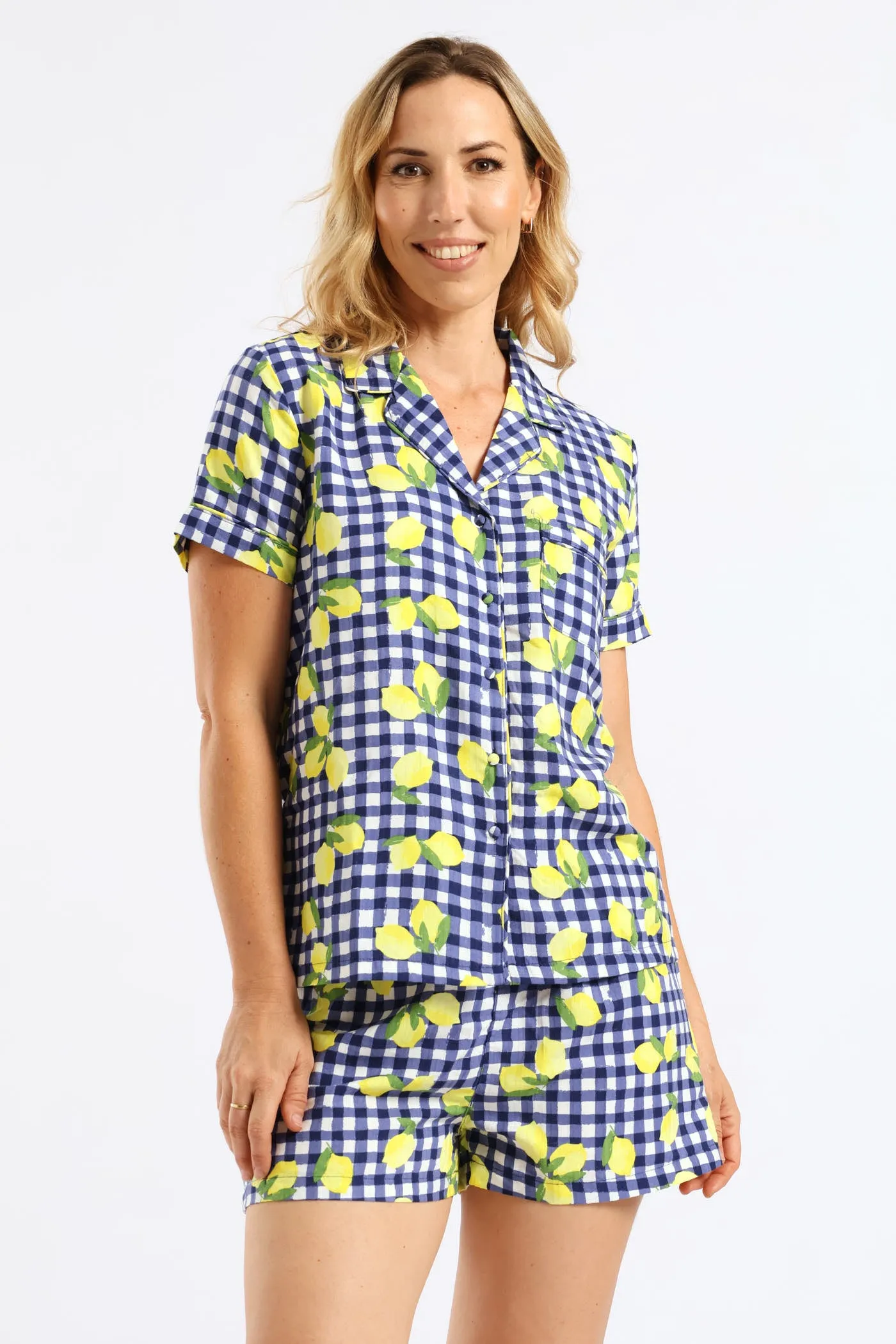 Woven Lemon Gingham Button Through Short Set - White/Navy sold by Edgars