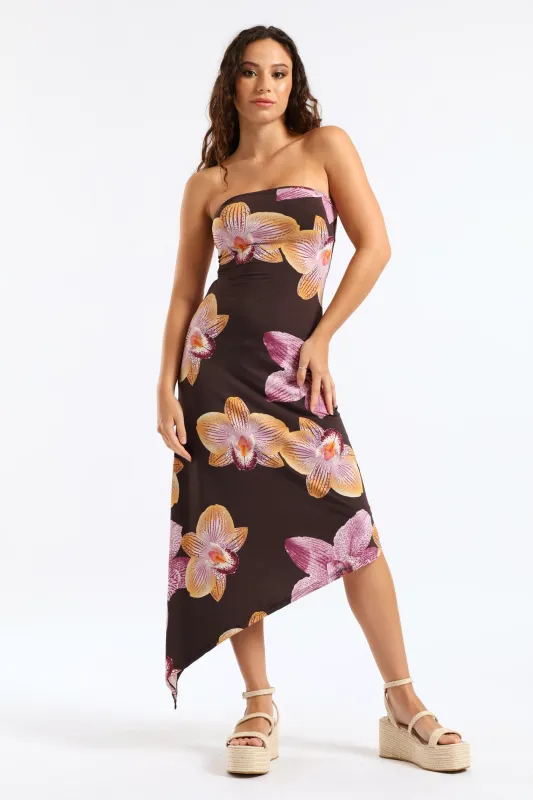 Bold Floral Skin Tight Boobtube Midi Dress - Chocolate sold by Edgars