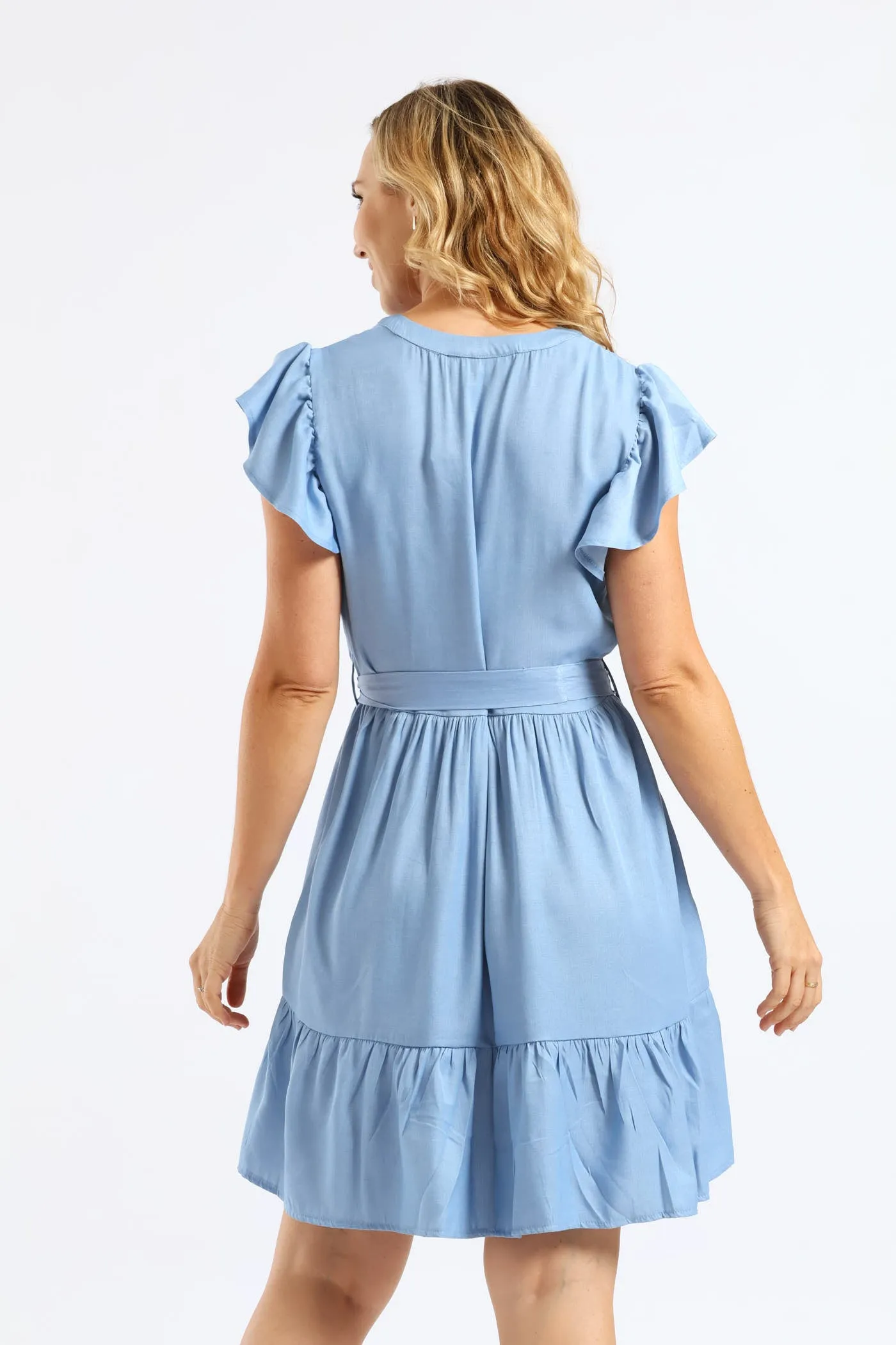 Frill Sleeve V-Neck Chambray Tiered Shirt Mini Dress - Light Wash sold by Edgars product image thumbnail 4