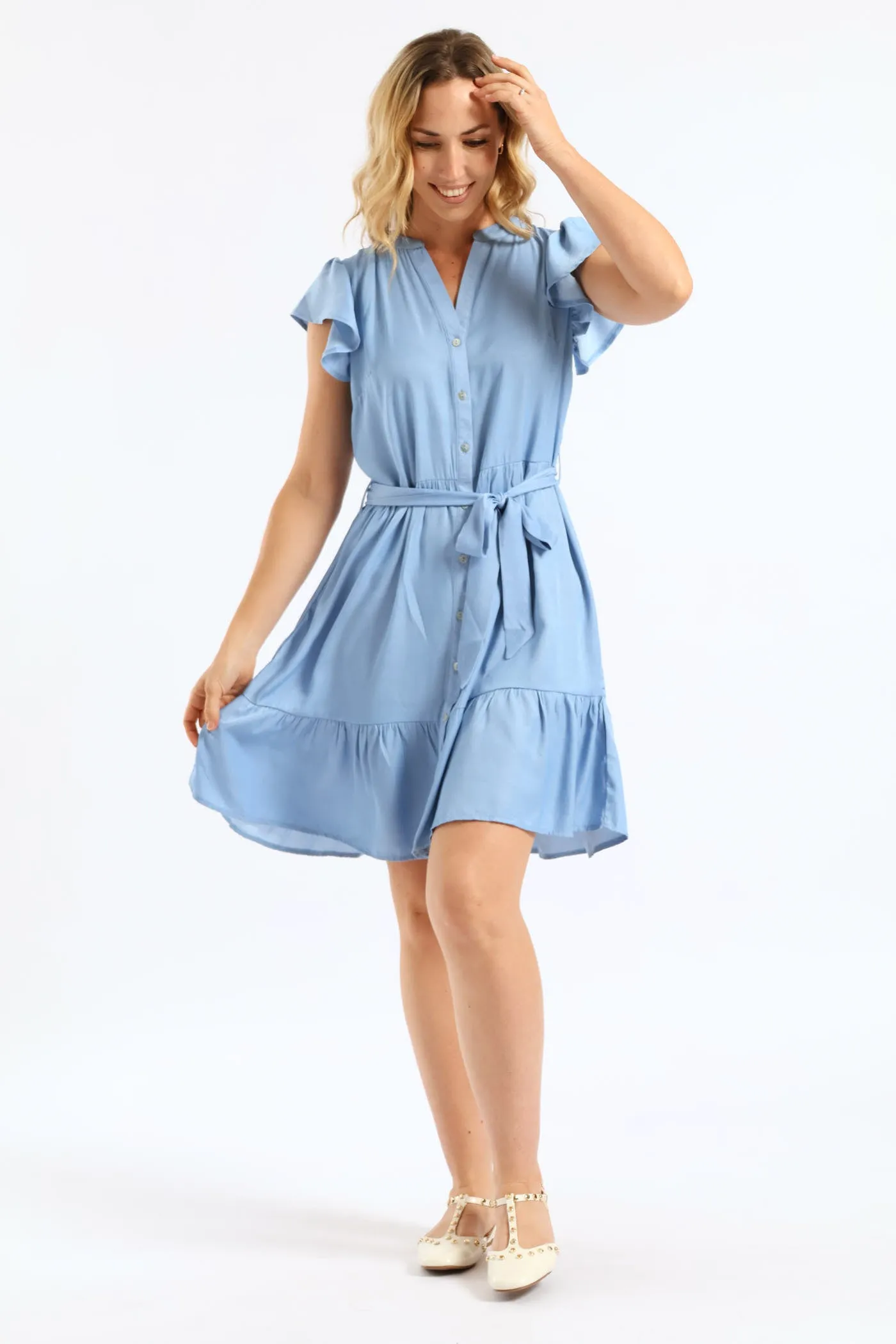 Frill Sleeve V-Neck Chambray Tiered Shirt Mini Dress - Light Wash sold by Edgars product image thumbnail 2