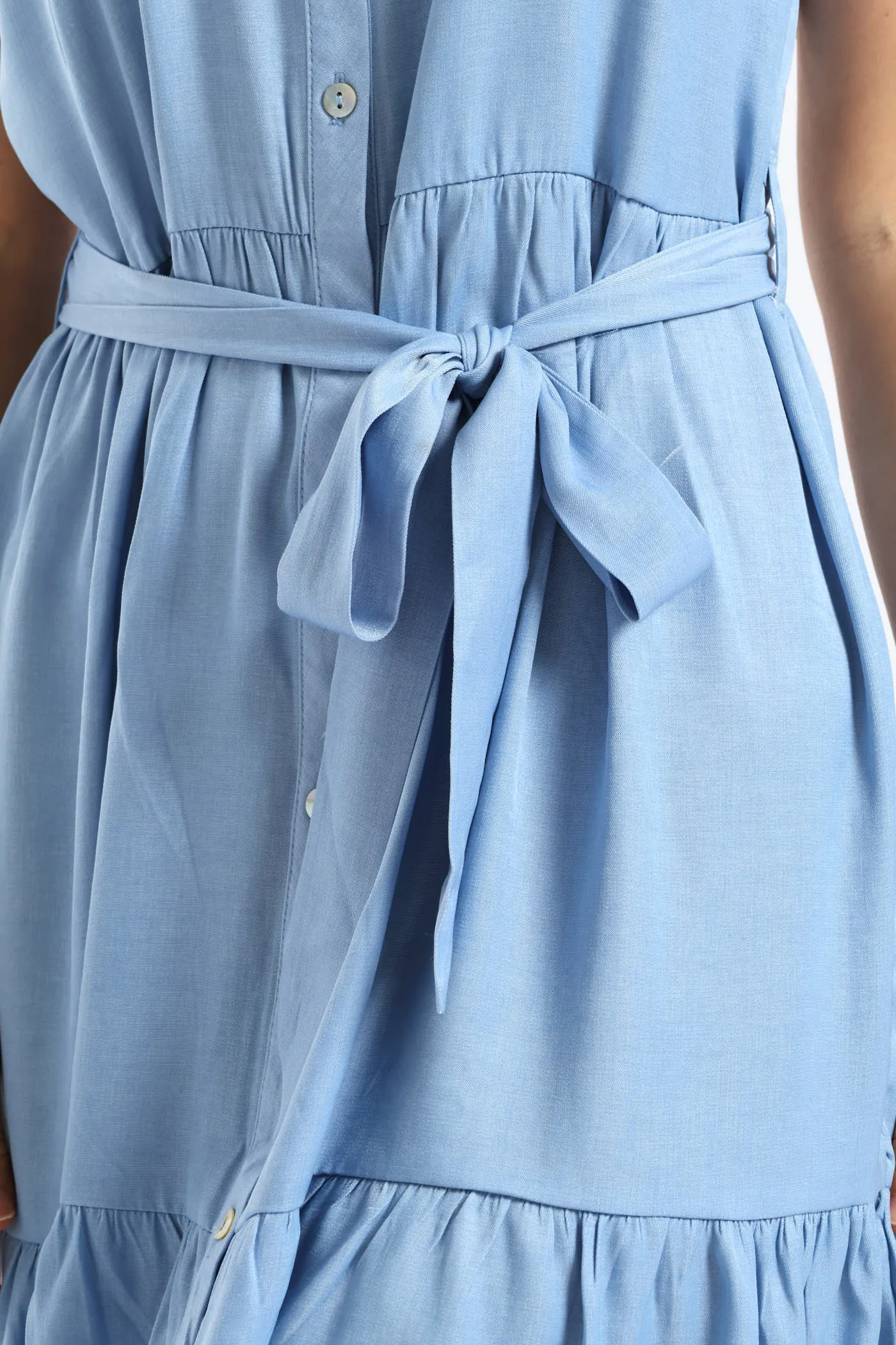Frill Sleeve V-Neck Chambray Tiered Shirt Mini Dress - Light Wash sold by Edgars product image thumbnail 5