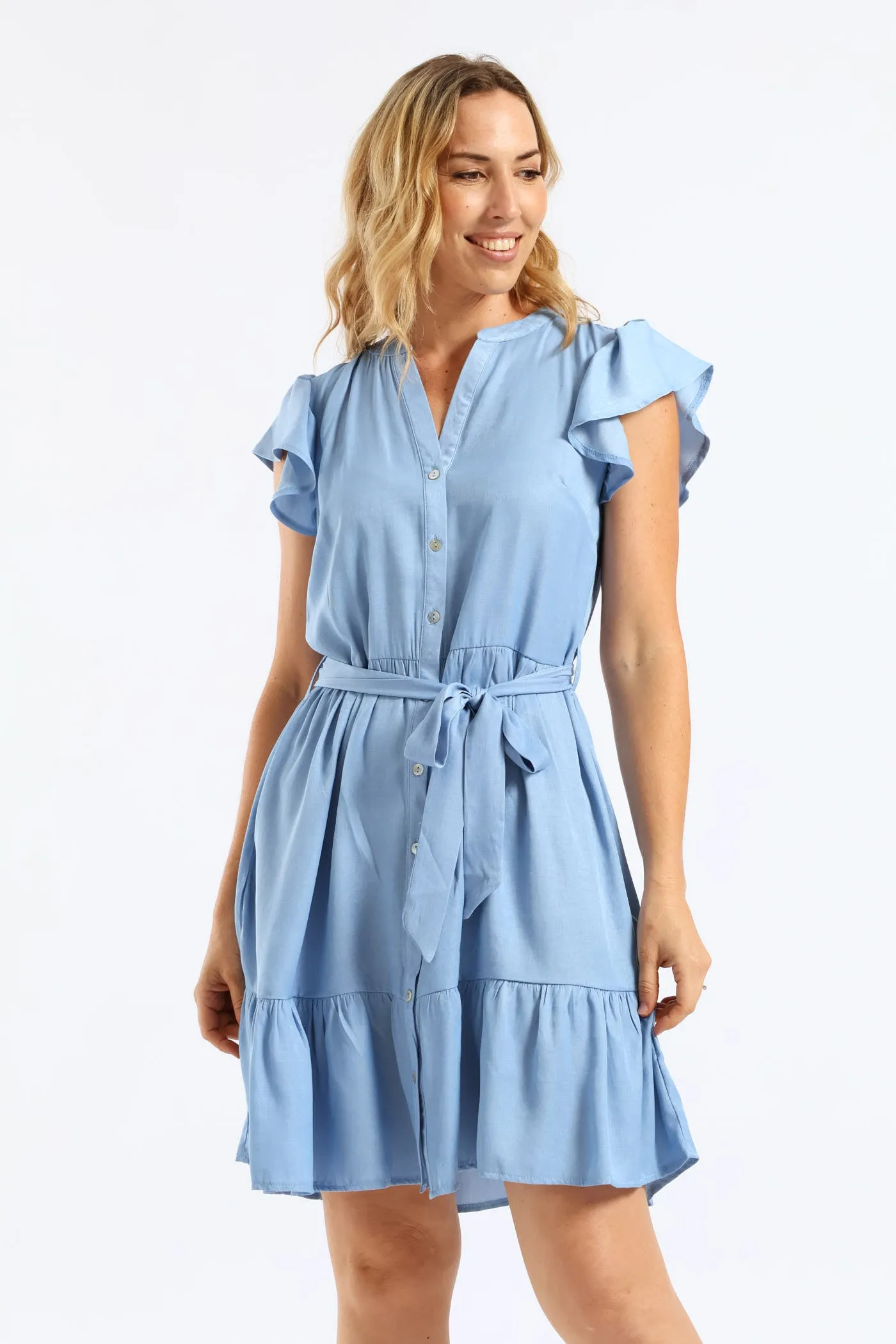 Frill Sleeve V-Neck Chambray Tiered Shirt Mini Dress - Light Wash sold by Edgars