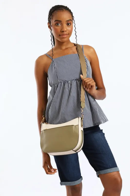 Colour Block Front Zip Curved Crossbody Bag - Olive sold by Edgars