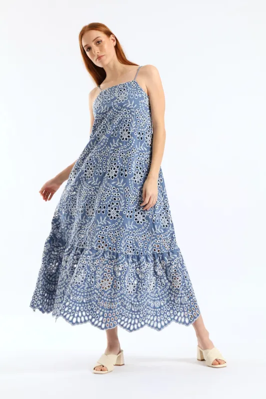 Strappy Hi-Neck Anglaise Frill Hem Slip Midaxi Dress - Dusty Blue sold by Edgars