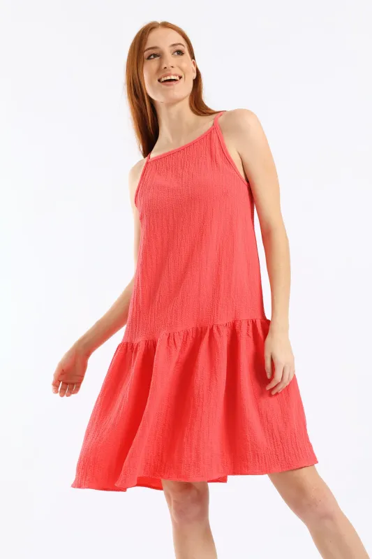 Hi Neck Drop Waist Mini Dress - Dark Coral sold by Edgars